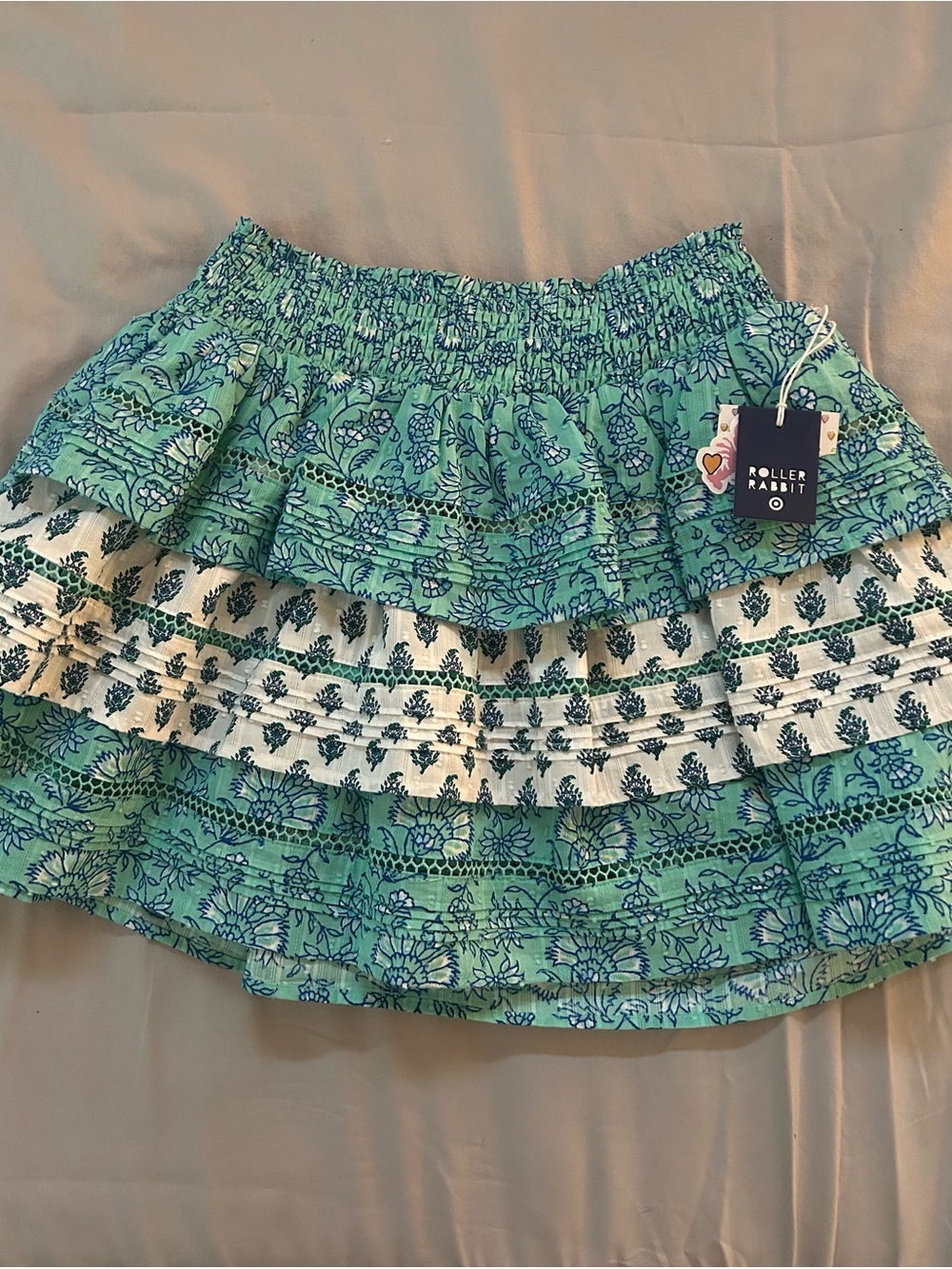 Roller Rabbit Teal and White Floral Tiered Mini Skirt